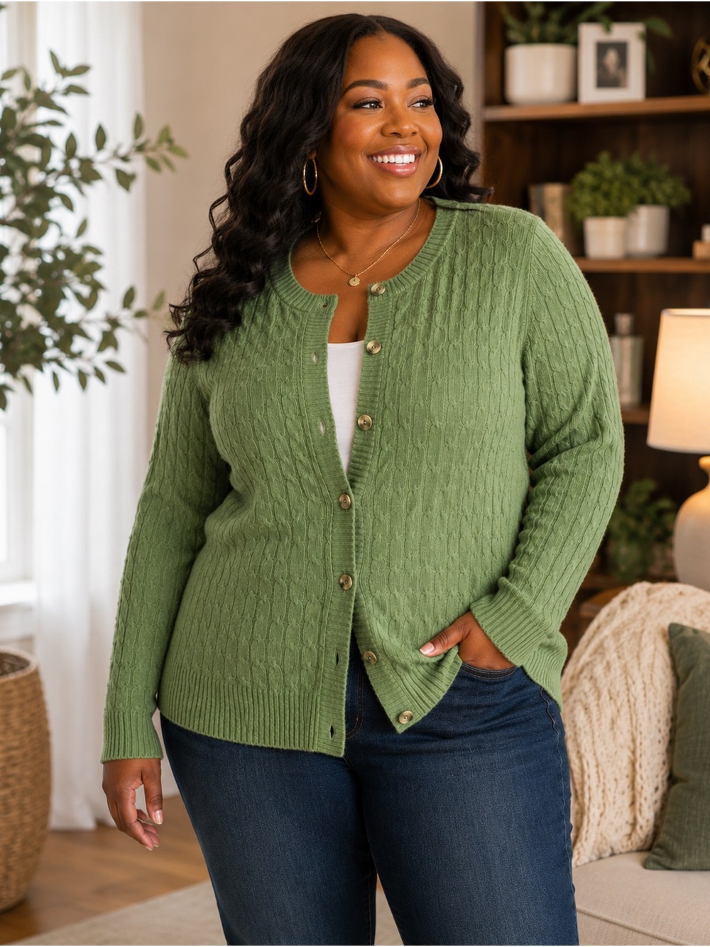 Pinque Legacy Studio 3X Green Cable Knit Button Front Cardigan Sweater